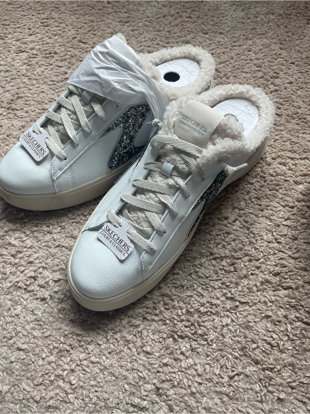 Wow! Skechers sneakers. White Slip-On Mule Sneakers Silver Glitter Accent. New!!